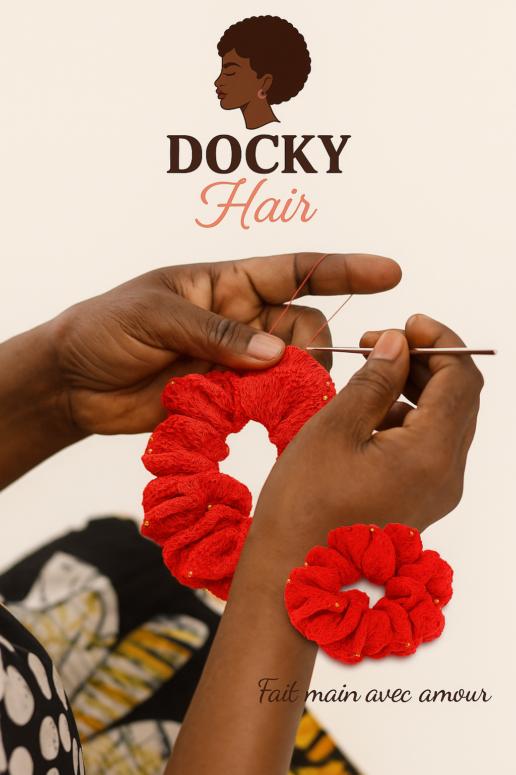 Chouchou en crochet- Rouge passion avec perles dorée