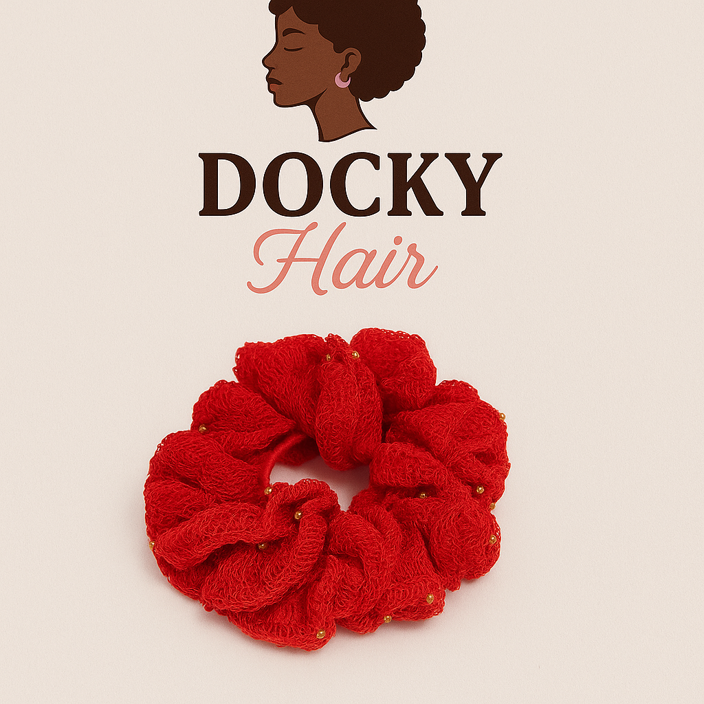 Chouchou en crochet- Rouge passion avec perles dorée