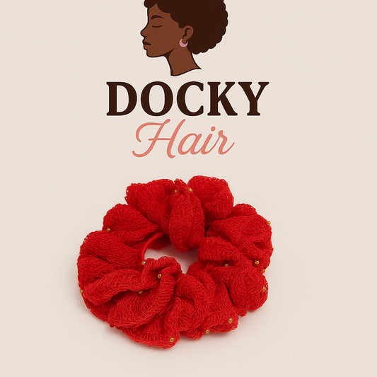 Chouchou en crochet- Rouge passion avec perles dorée
