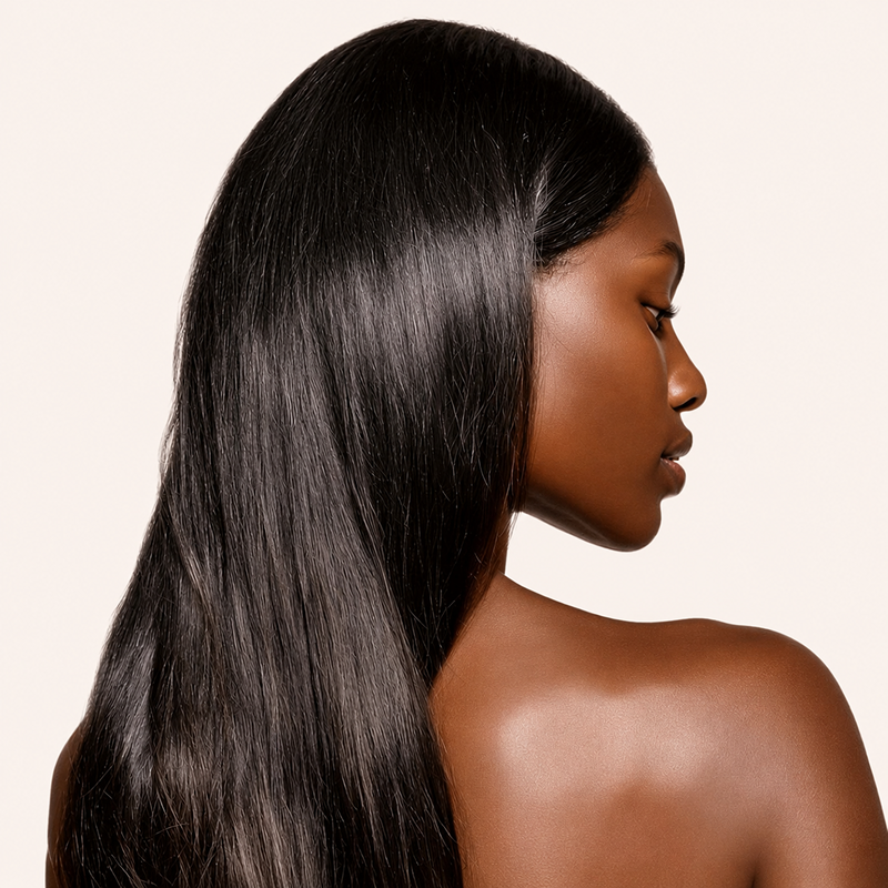 Femme portant des extensions de cheveux lisses naturelles avec une finition brillante et soyeuse